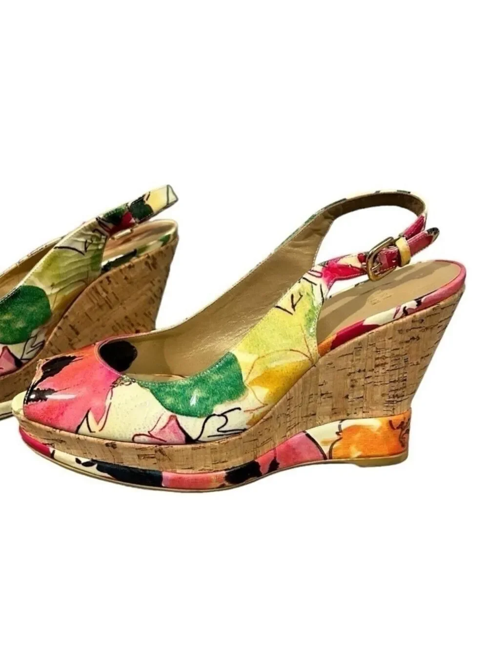 Stuart Weitzman Colorful Floral Peep Toe Wedges Cork Platform Slingback VGC 8.5